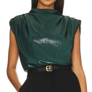 AMANDA UPRICHARD SHIMMER DEEP GREEN SILK TOP WITH BLACK SILK BACK TIE